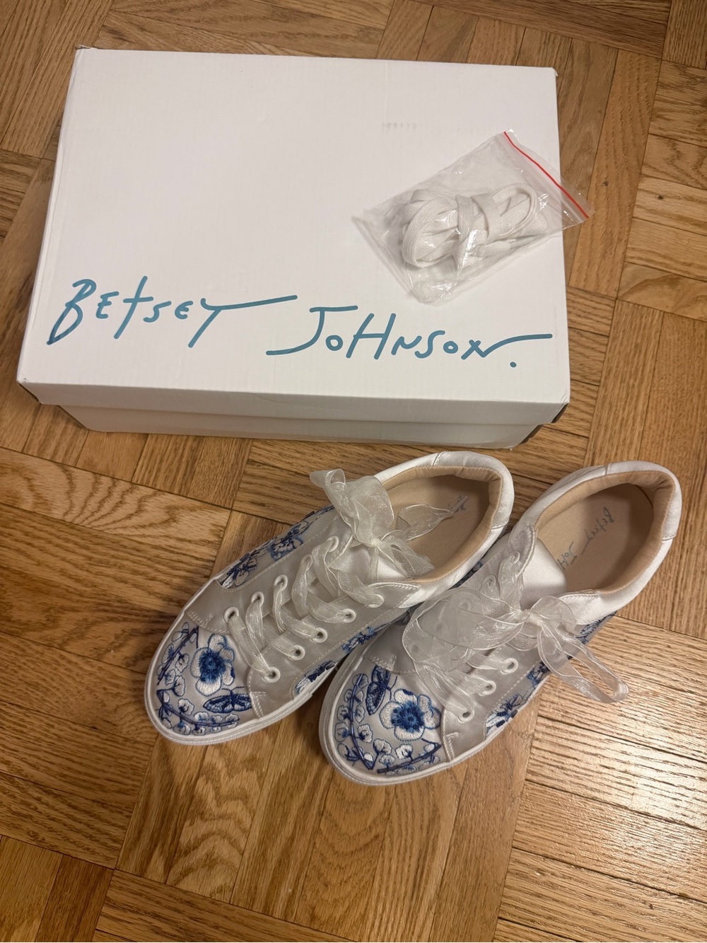 Betsey Johnson White Sneakers with Blue Floral Embroidery